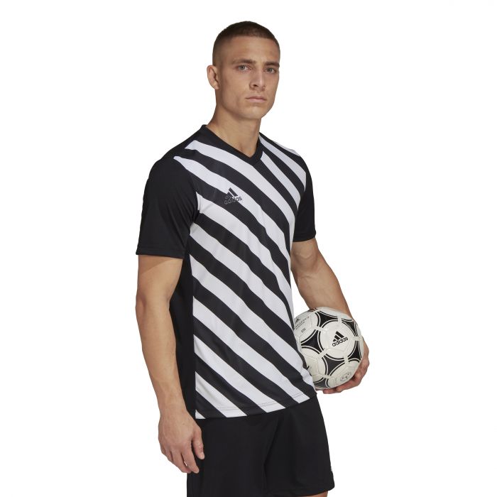Black and white striped soccer jersey top